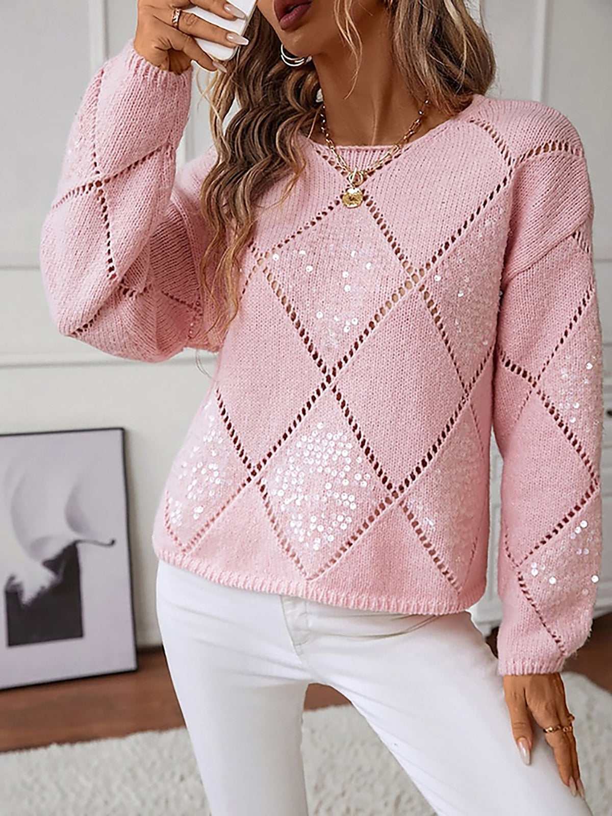 Women's Diamond Pattern Knitted Jumper with Lightweight Feel