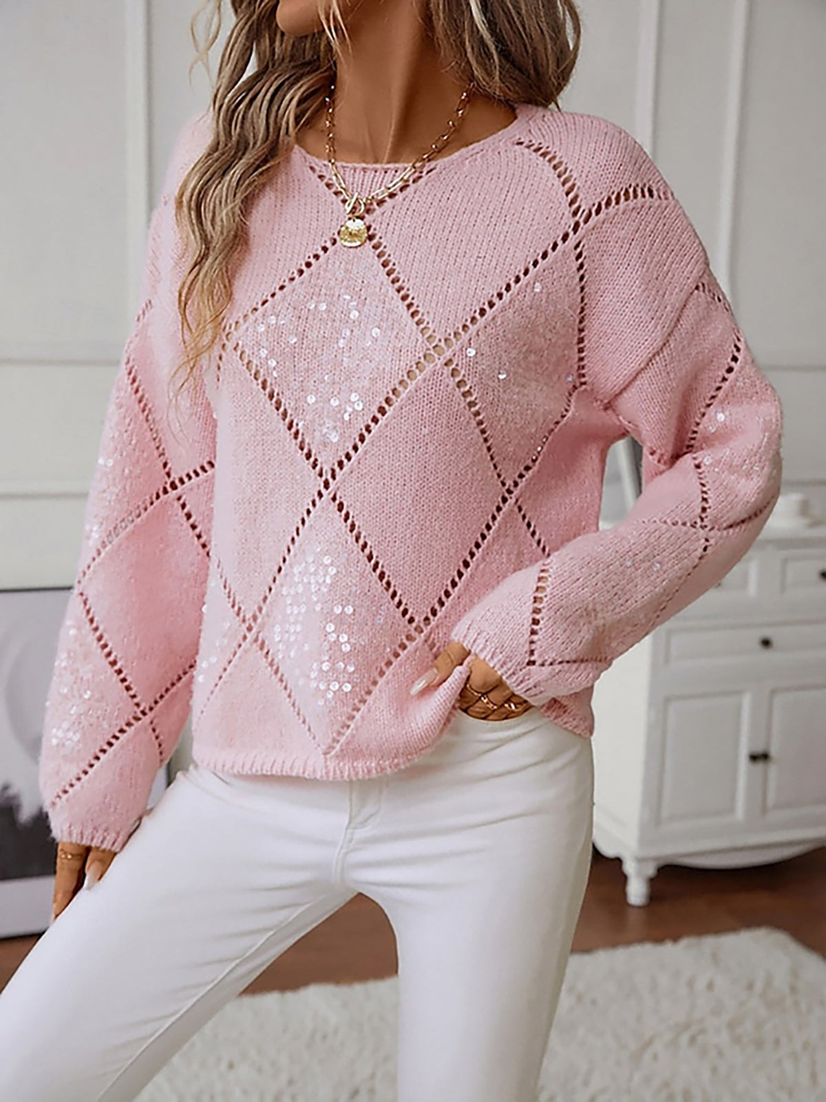 Women's Diamond Pattern Knitted Jumper with Lightweight Feel