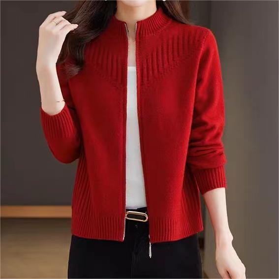 Women's Fine Knit Cardigan with High Stand-Up Collar and Full Zip