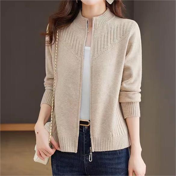 Women's Fine Knit Cardigan with High Stand-Up Collar and Full Zip