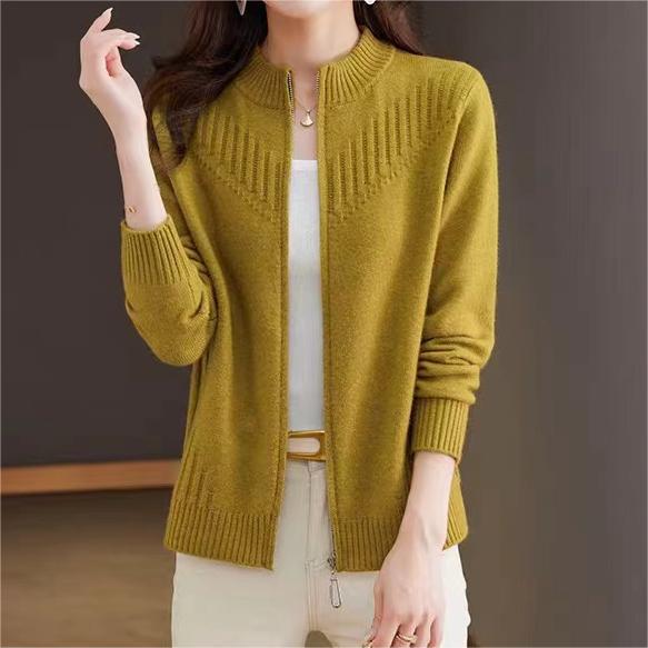 Women's Fine Knit Cardigan with High Stand-Up Collar and Full Zip