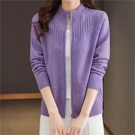 Women's Fine Knit Cardigan with High Stand-Up Collar and Full Zip