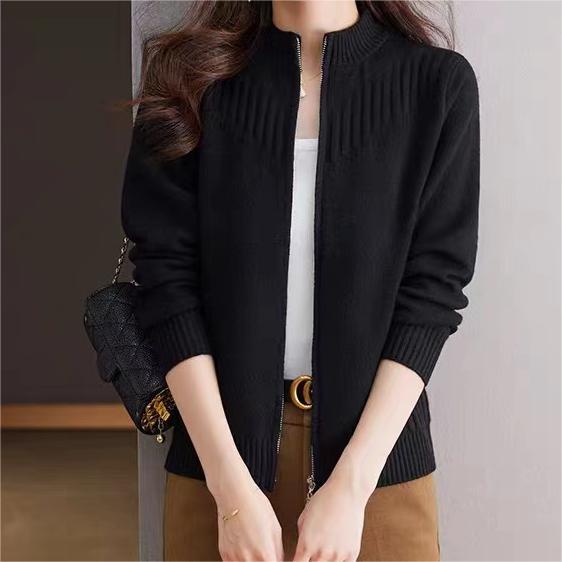 Women's Fine Knit Cardigan with High Stand-Up Collar and Full Zip