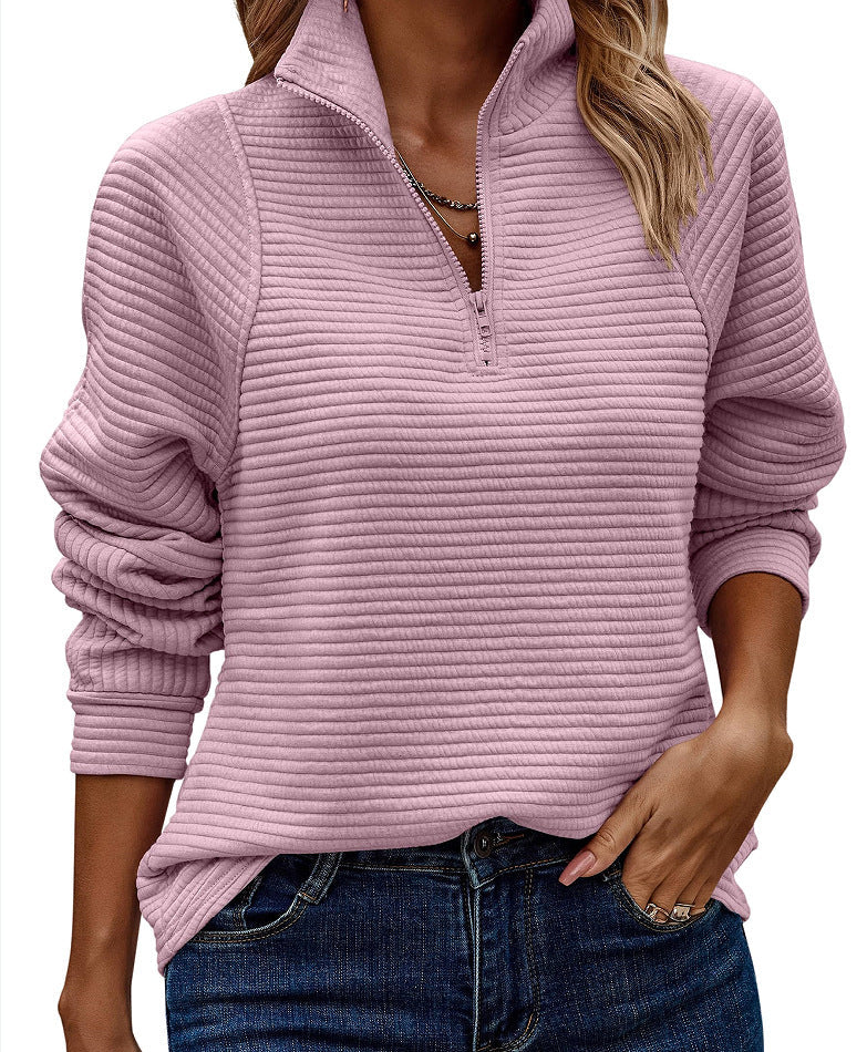 Women's Fleece Jumper with Zip Collar and Textured Pattern