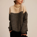 Women's Herringbone Pattern Turtleneck Jumper with Long Sleeves