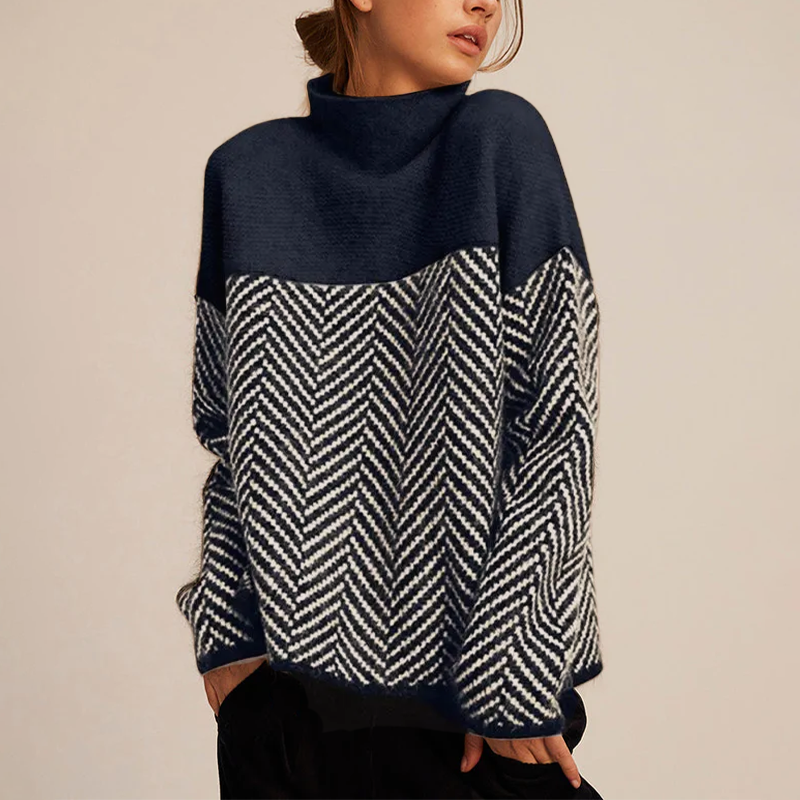 Women's Herringbone Pattern Turtleneck Jumper with Long Sleeves