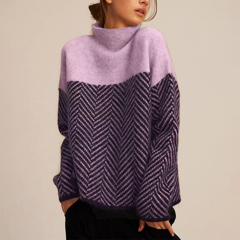 Women's Herringbone Pattern Turtleneck Jumper with Long Sleeves