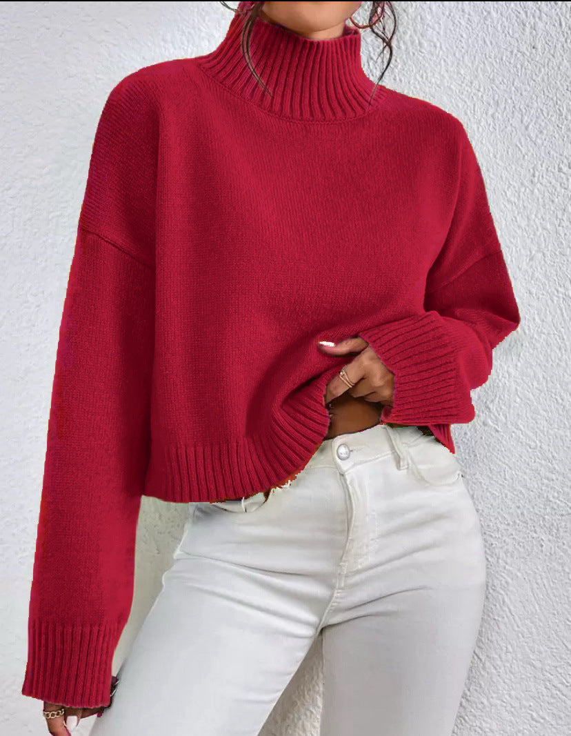 Women's High Collar Long-Sleeved Jumper in Soft Wool Blend