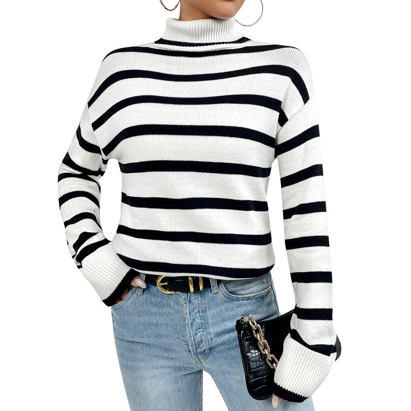 Women's High Neck Long Sleeve Jumper in Striped Design