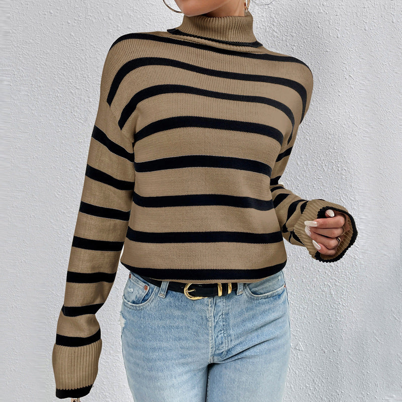 Women's High Neck Long Sleeve Jumper in Striped Design