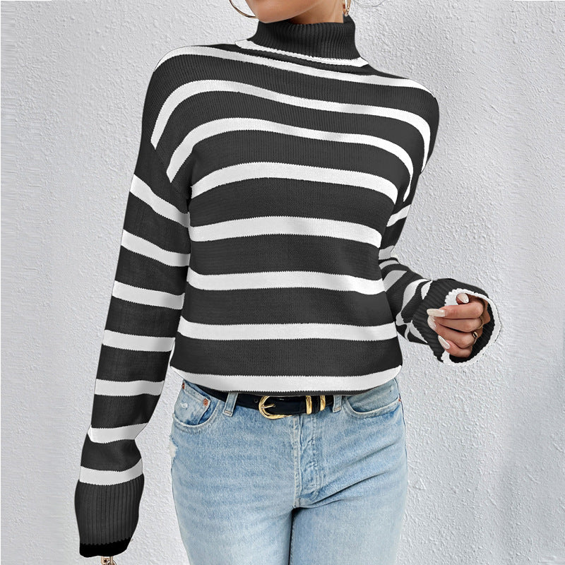 Women's High Neck Long Sleeve Jumper in Striped Design