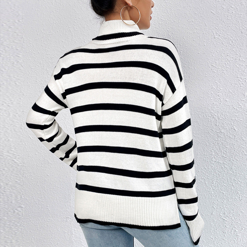 Women's High Neck Long Sleeve Jumper in Striped Design