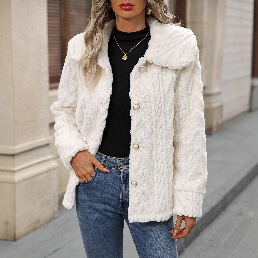 Women's Hooded Teddy Cardigan with Button Placket in Cream