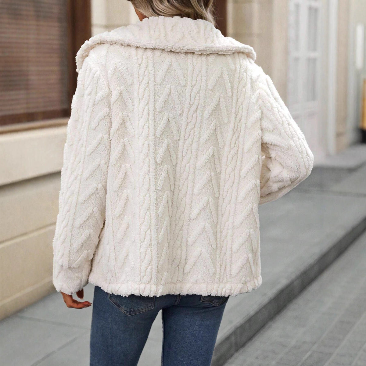 Women's Hooded Teddy Cardigan with Button Placket in Cream