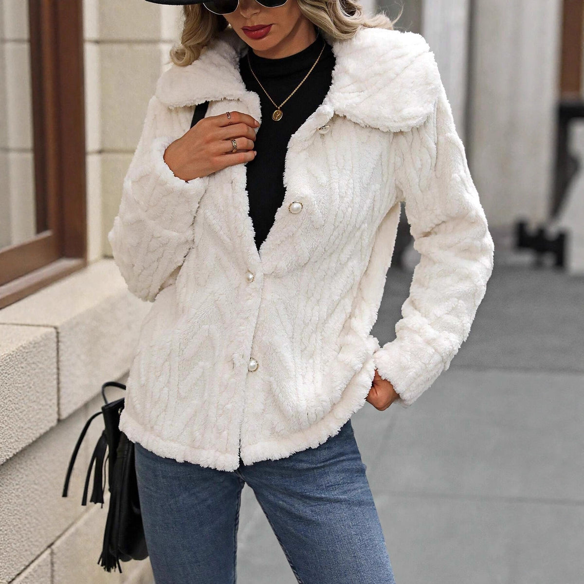 Women's Hooded Teddy Cardigan with Button Placket in Cream