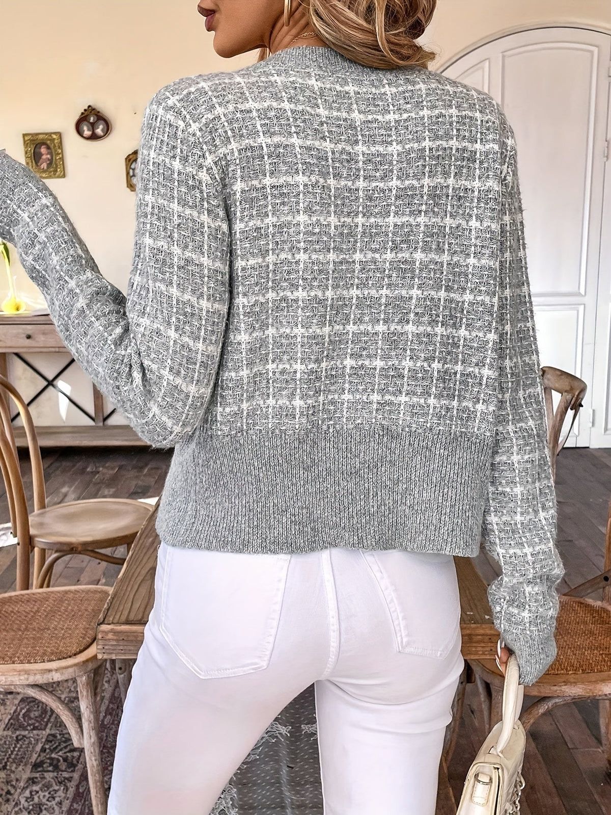 Women's Houndstooth Cardigan with Lightweight Knit