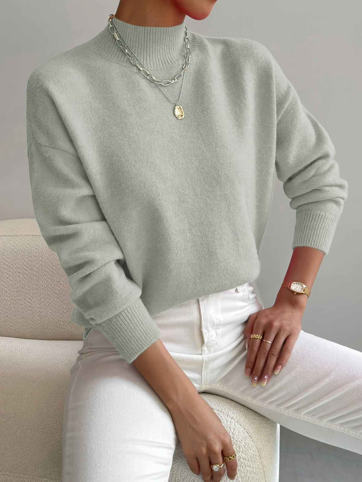 Women's Knitted Jumper with Stand-Up Collar and Lightweight Fabric