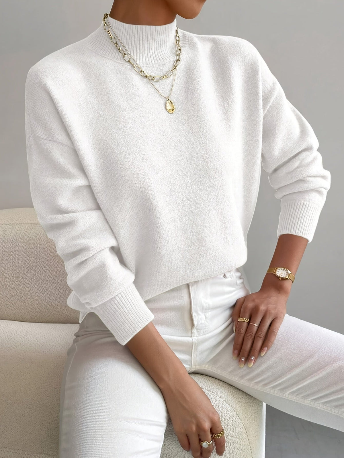 Women's Knitted Jumper with Stand-Up Collar and Lightweight Fabric