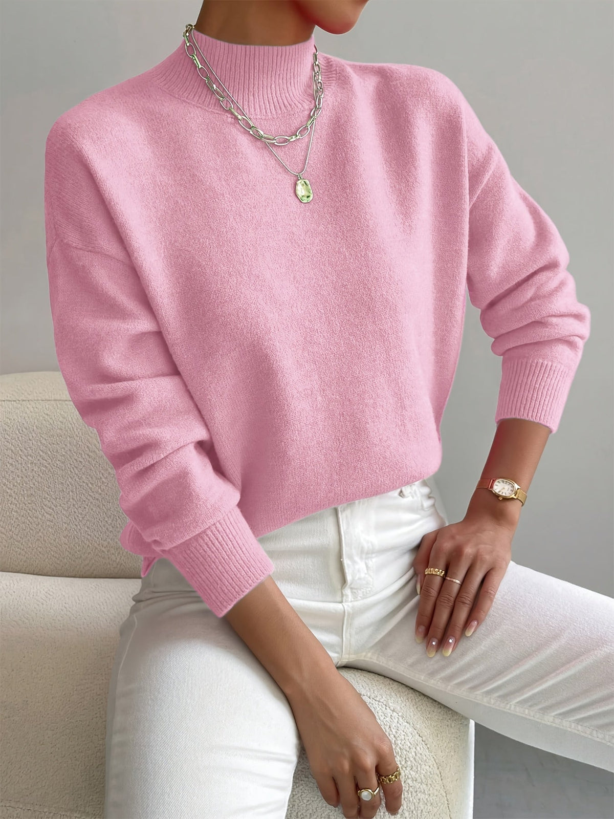 Women's Knitted Jumper with Stand-Up Collar and Lightweight Fabric