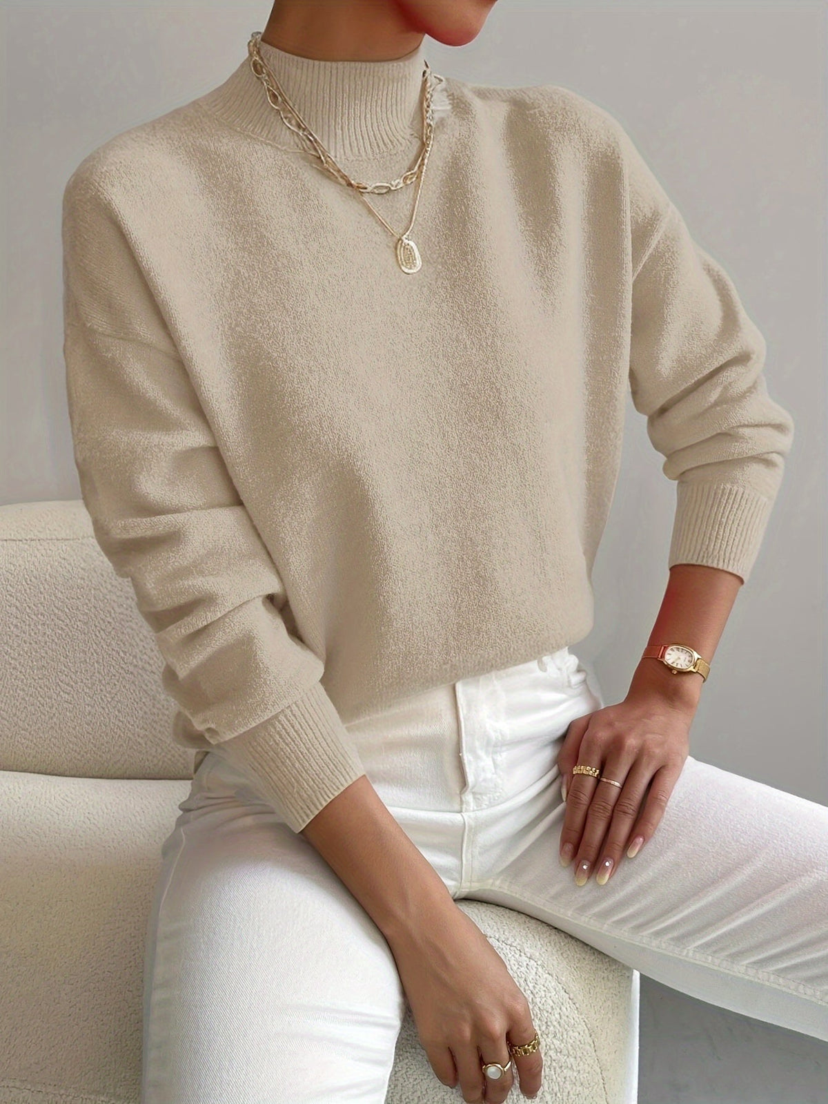 Women's Knitted Jumper with Stand-Up Collar and Lightweight Fabric