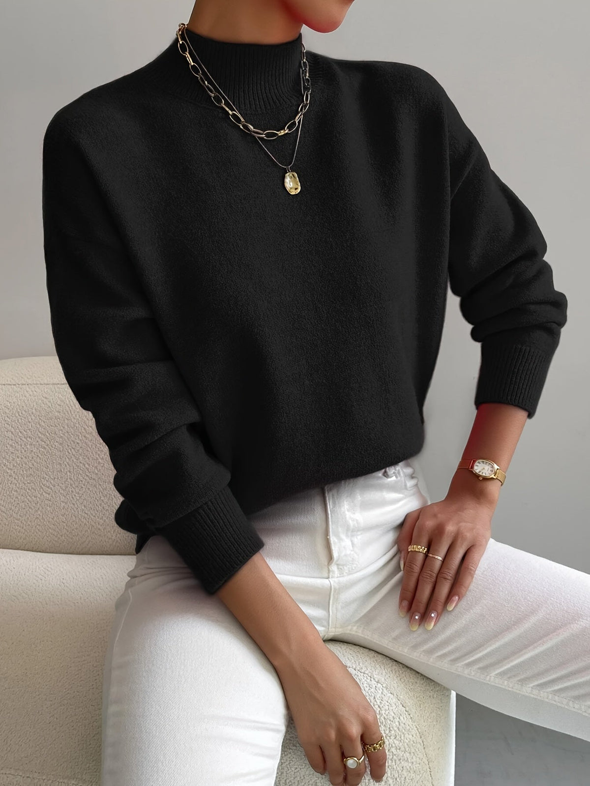 Women's Knitted Jumper with Stand-Up Collar and Lightweight Fabric
