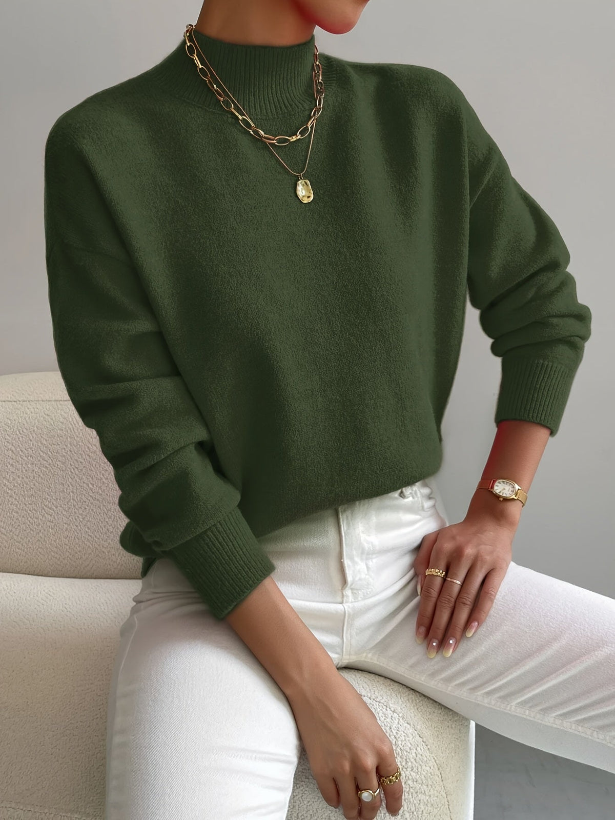 Women's Knitted Jumper with Stand-Up Collar and Lightweight Fabric