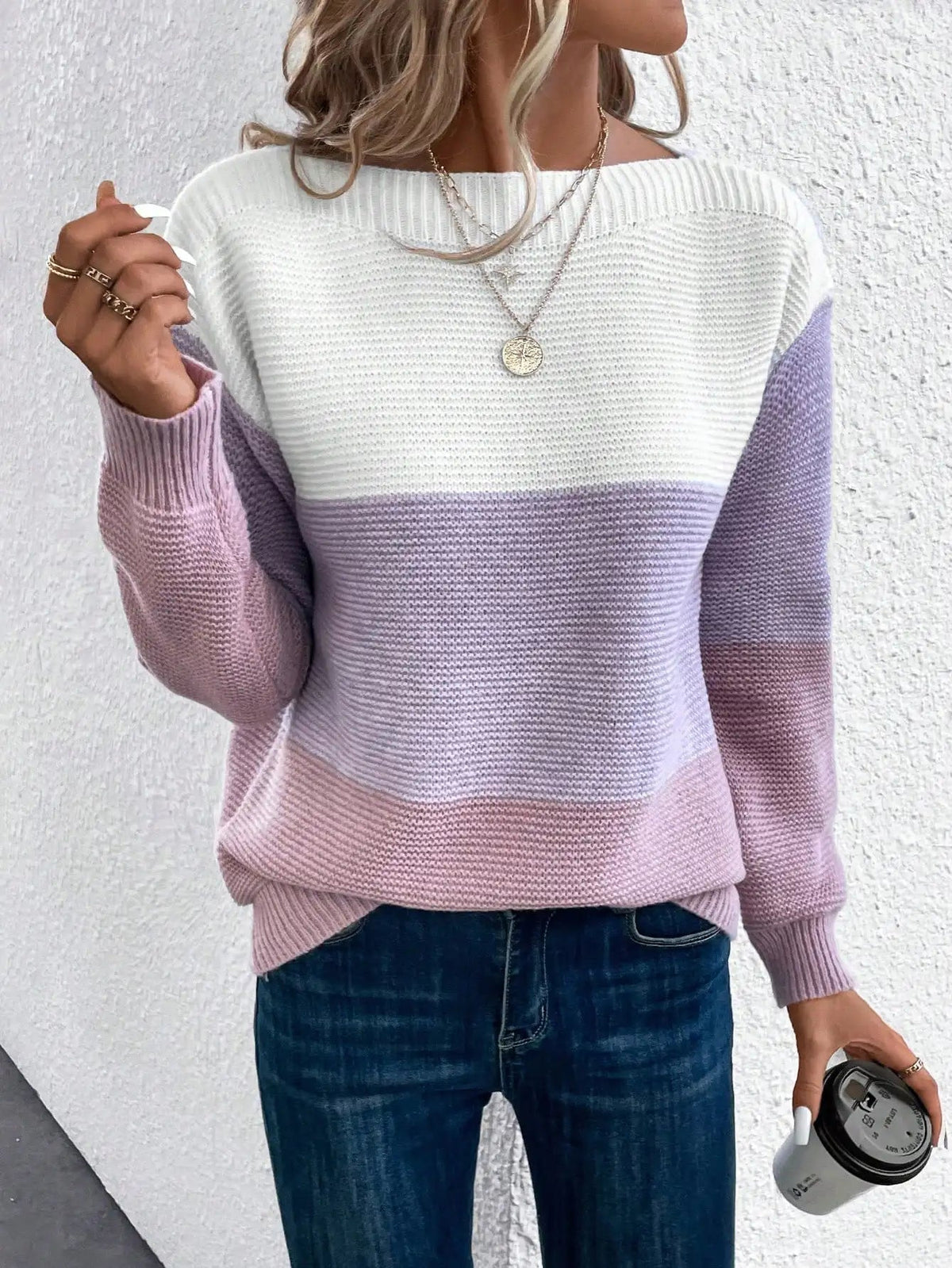 Women's Knitted Jumper with Stand-Up Collar and Ribbed Cuffs