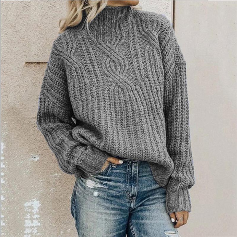 Women's Knitted Jumper with Stand-Up Collar in Grey