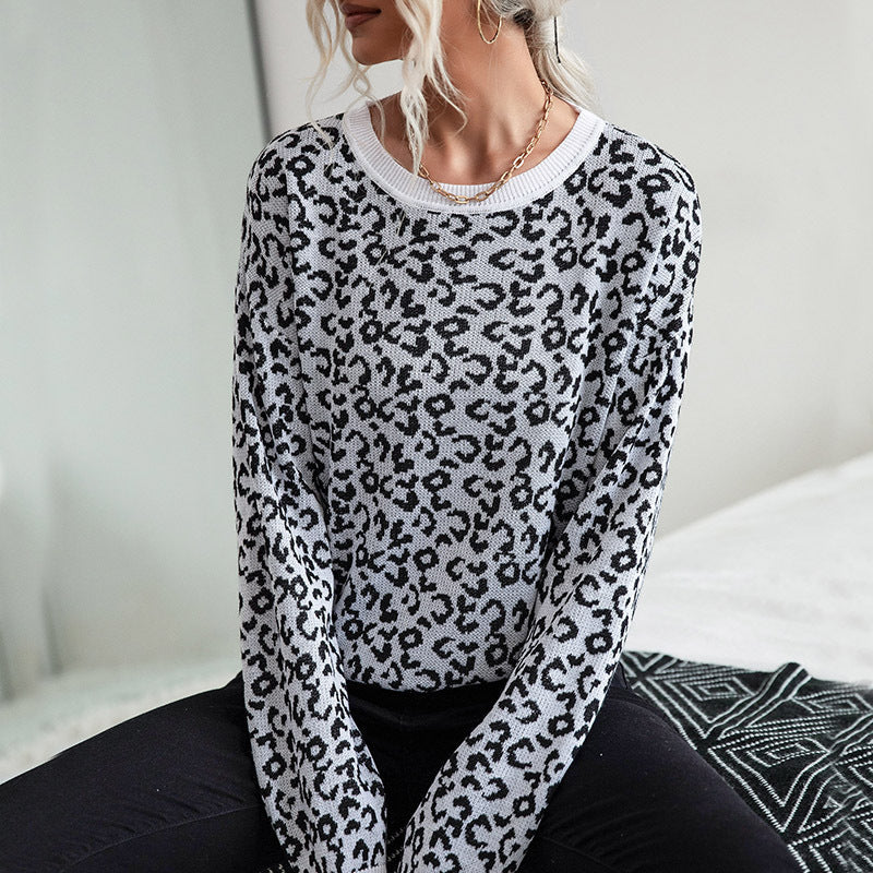 Women's Leopard Print Knitted Jumper with Relaxed Fit