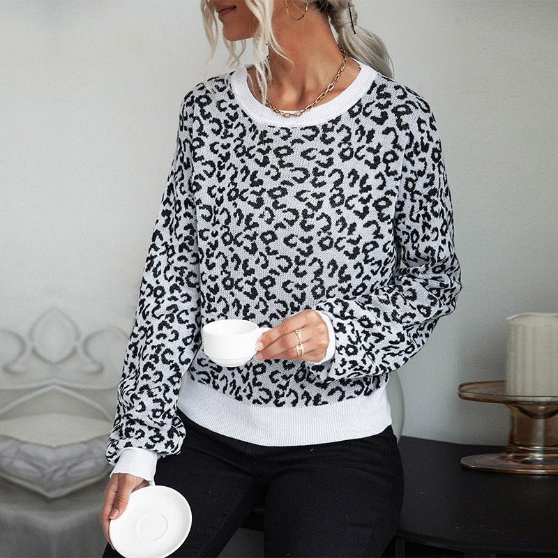 Women's Leopard Print Knitted Jumper with Relaxed Fit