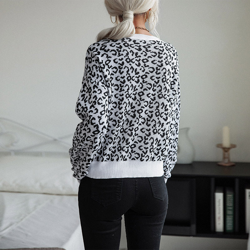 Women's Leopard Print Knitted Jumper with Relaxed Fit