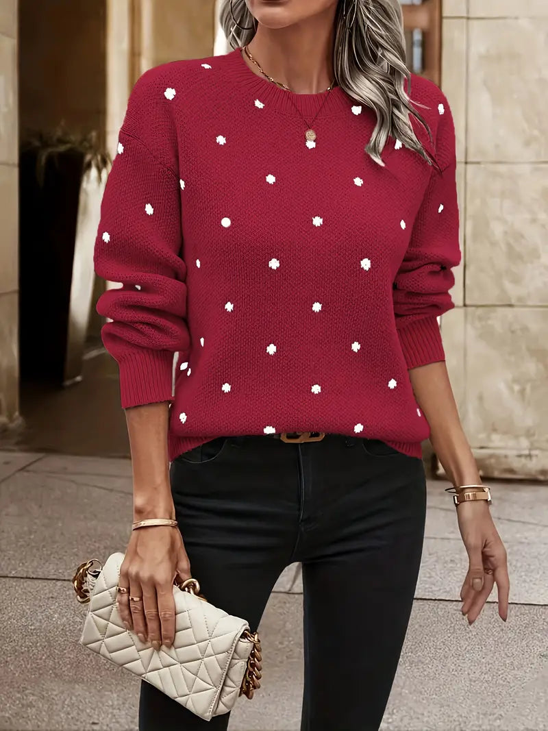 Women's Long-Sleeved Polka Dot Knit Jumper with Soft Fabric