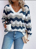 Women's Long-Sleeved V Neck Jumper with Wave Pattern
