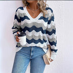 Women's Long-Sleeved V Neck Jumper with Wave Pattern