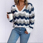 Women's Long-Sleeved V Neck Jumper with Wave Pattern
