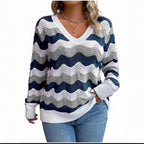 Women's Long-Sleeved V Neck Jumper with Wave Pattern