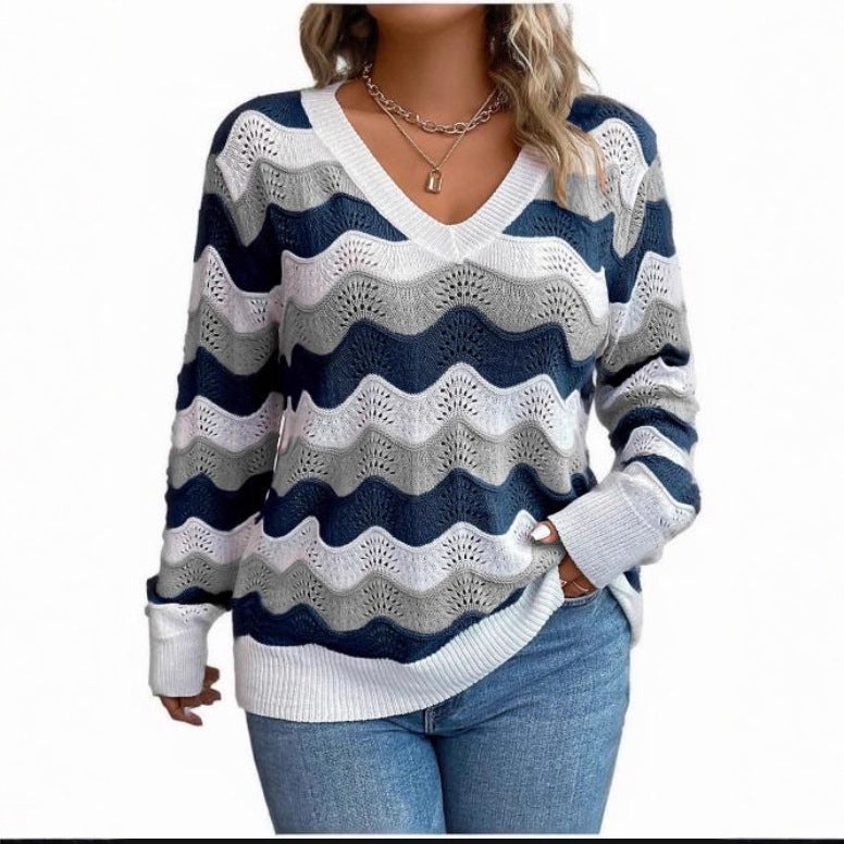 Women's Long-Sleeved V Neck Jumper with Wave Pattern