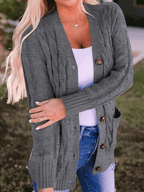Women's Long Cable Knit Cardigan with V-Neck and Button Front
