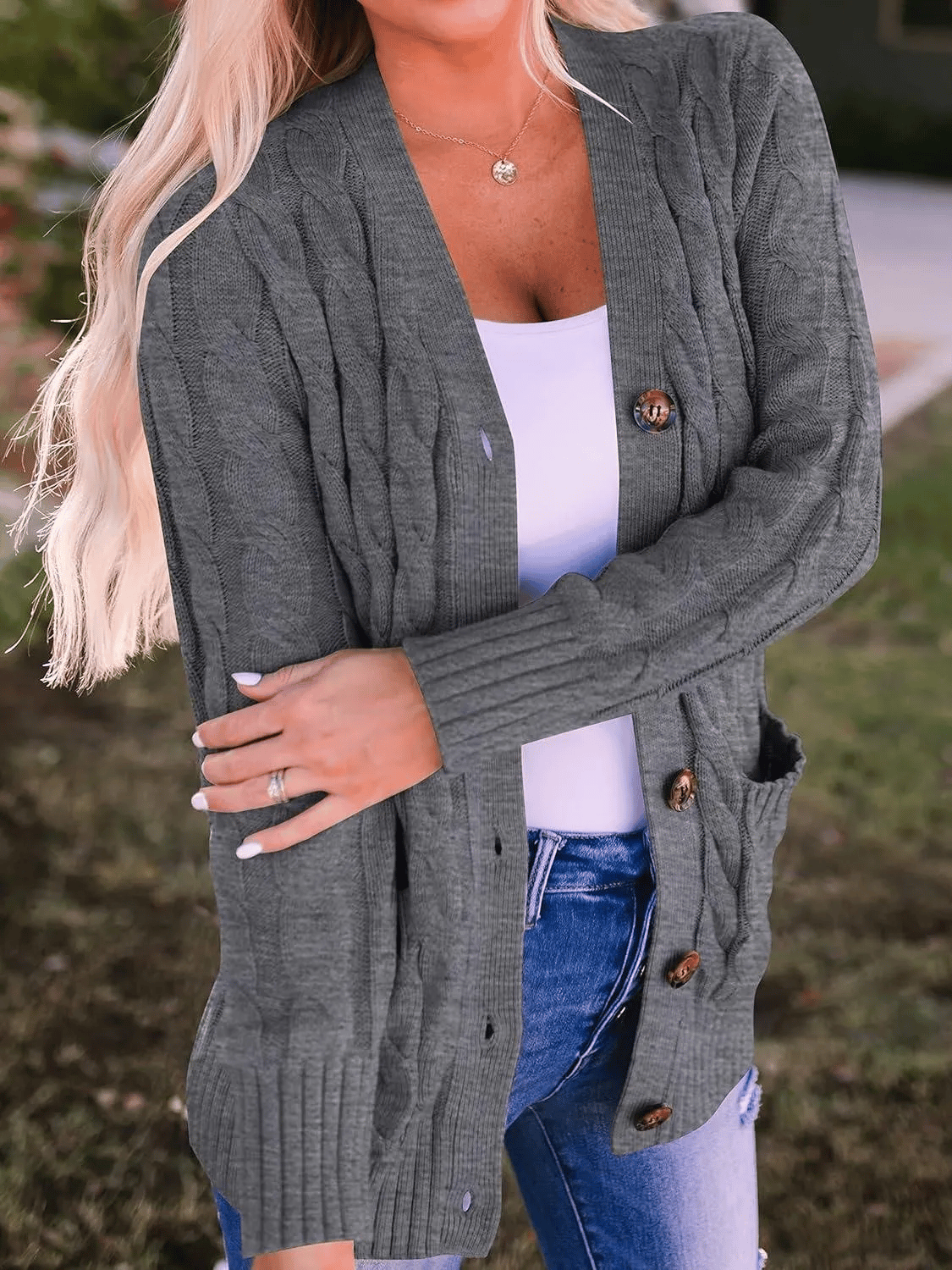 Women's Long Cable Knit Cardigan with V-Neck and Button Front