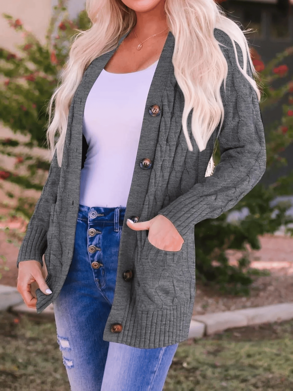Women's Long Cable Knit Cardigan with V-Neck and Button Front