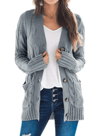 Women's Long Cable Knit Cardigan with V-Neck and Button Front