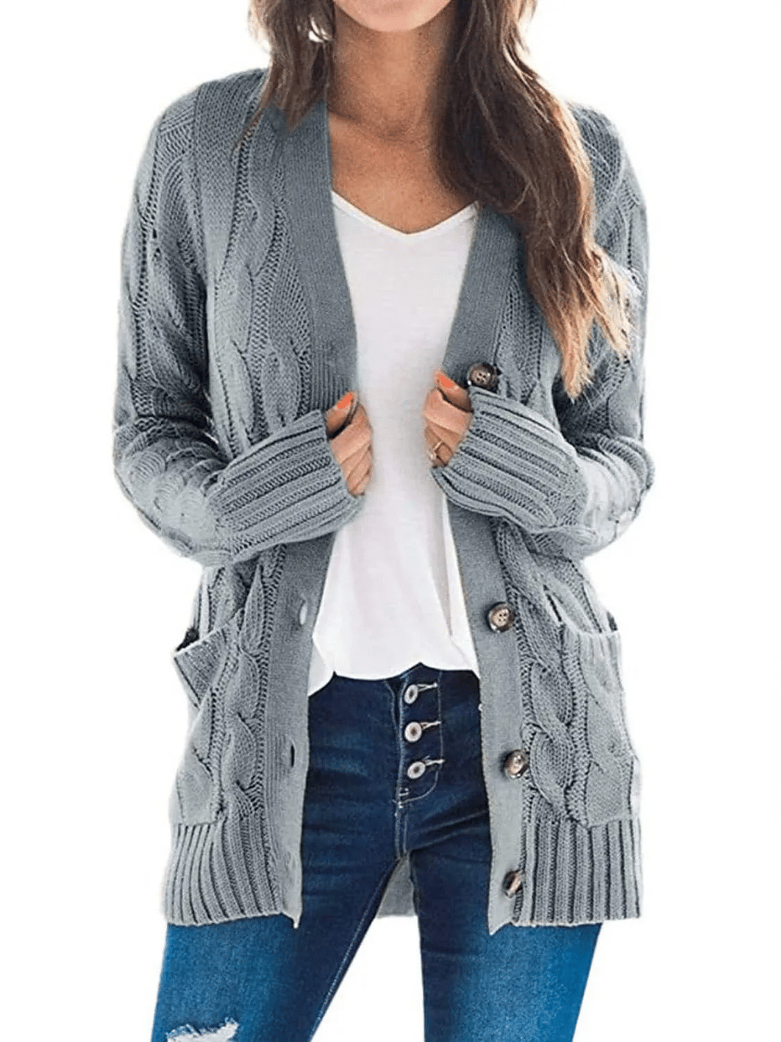 Women's Long Cable Knit Cardigan with V-Neck and Button Front
