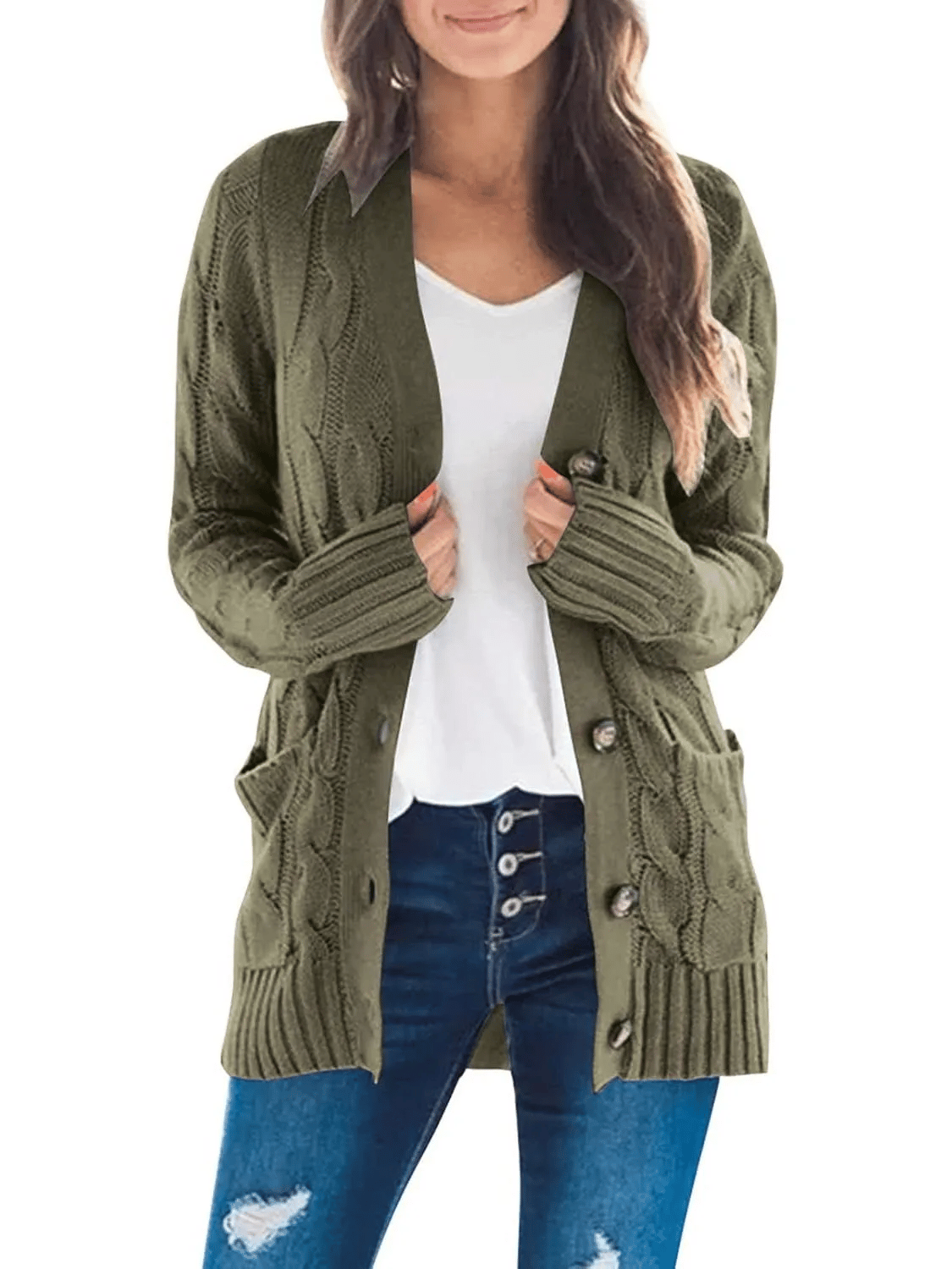 Women's Long Cable Knit Cardigan with V-Neck and Button Front