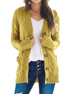 Women's Long Cable Knit Cardigan with V-Neck and Button Front