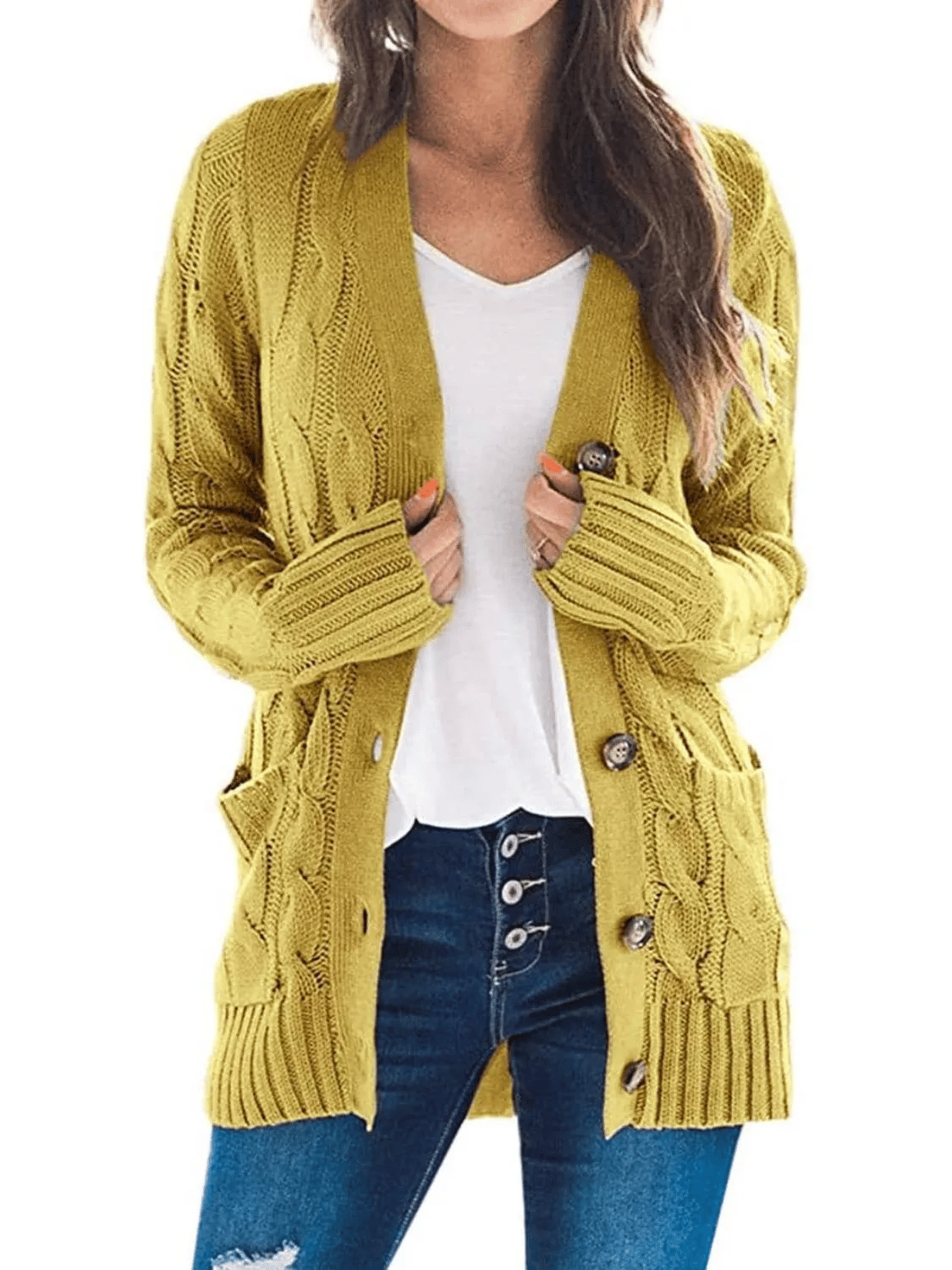 Women's Long Cable Knit Cardigan with V-Neck and Button Front