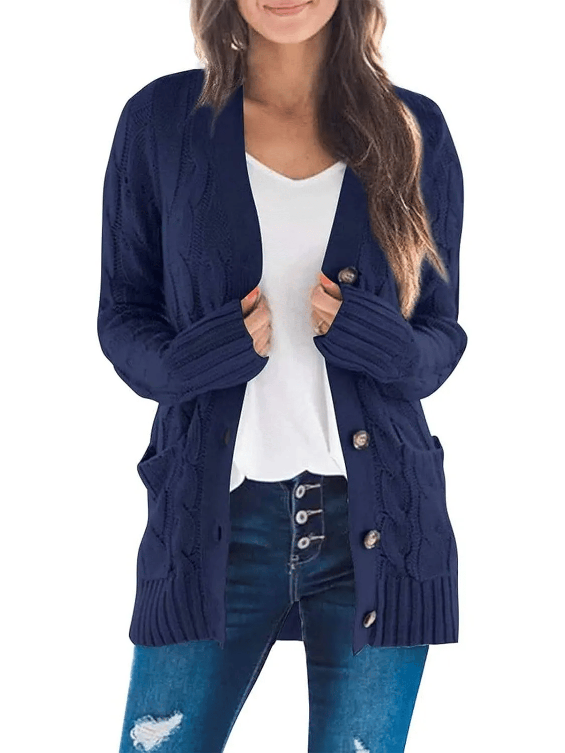 Women's Long Cable Knit Cardigan with V-Neck and Button Front
