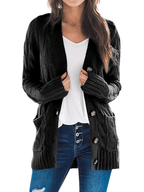 Women's Long Cable Knit Cardigan with V-Neck and Button Front