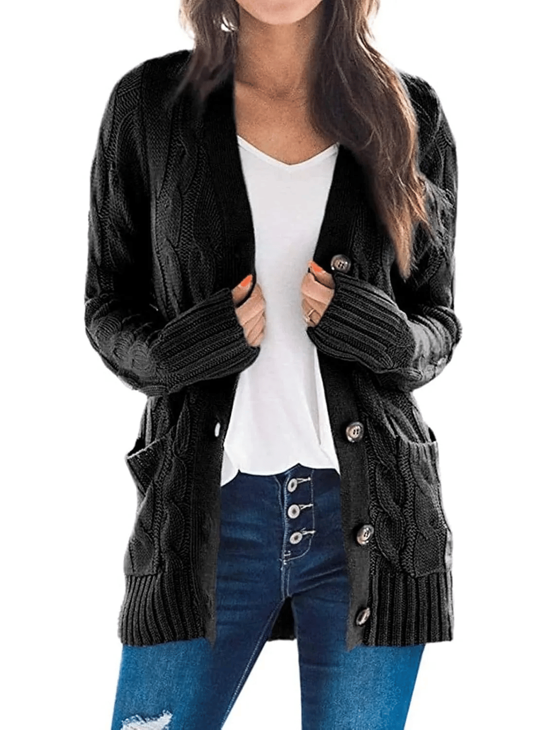 Women's Long Cable Knit Cardigan with V-Neck and Button Front