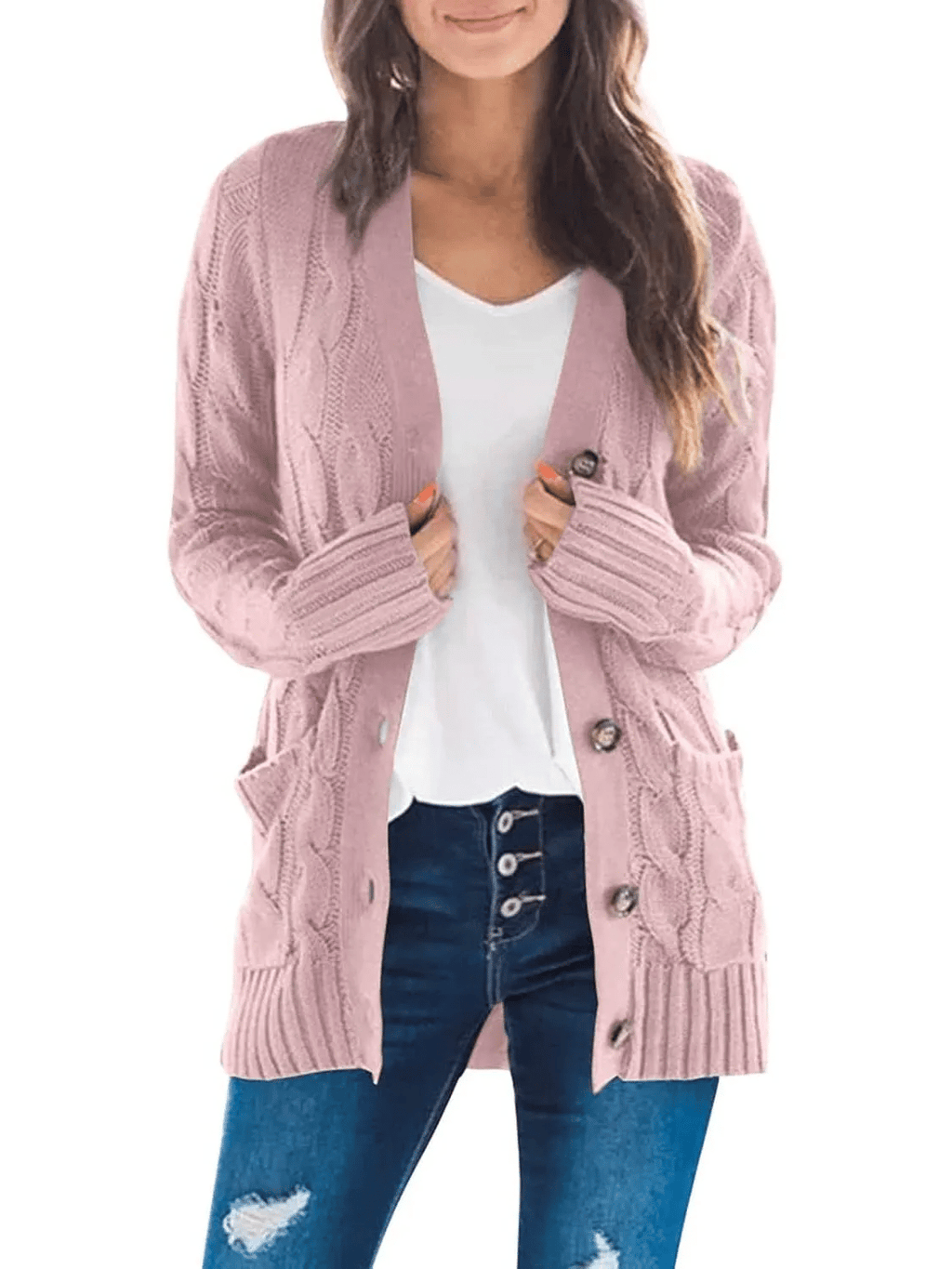 Women's Long Cable Knit Cardigan with V-Neck and Button Front
