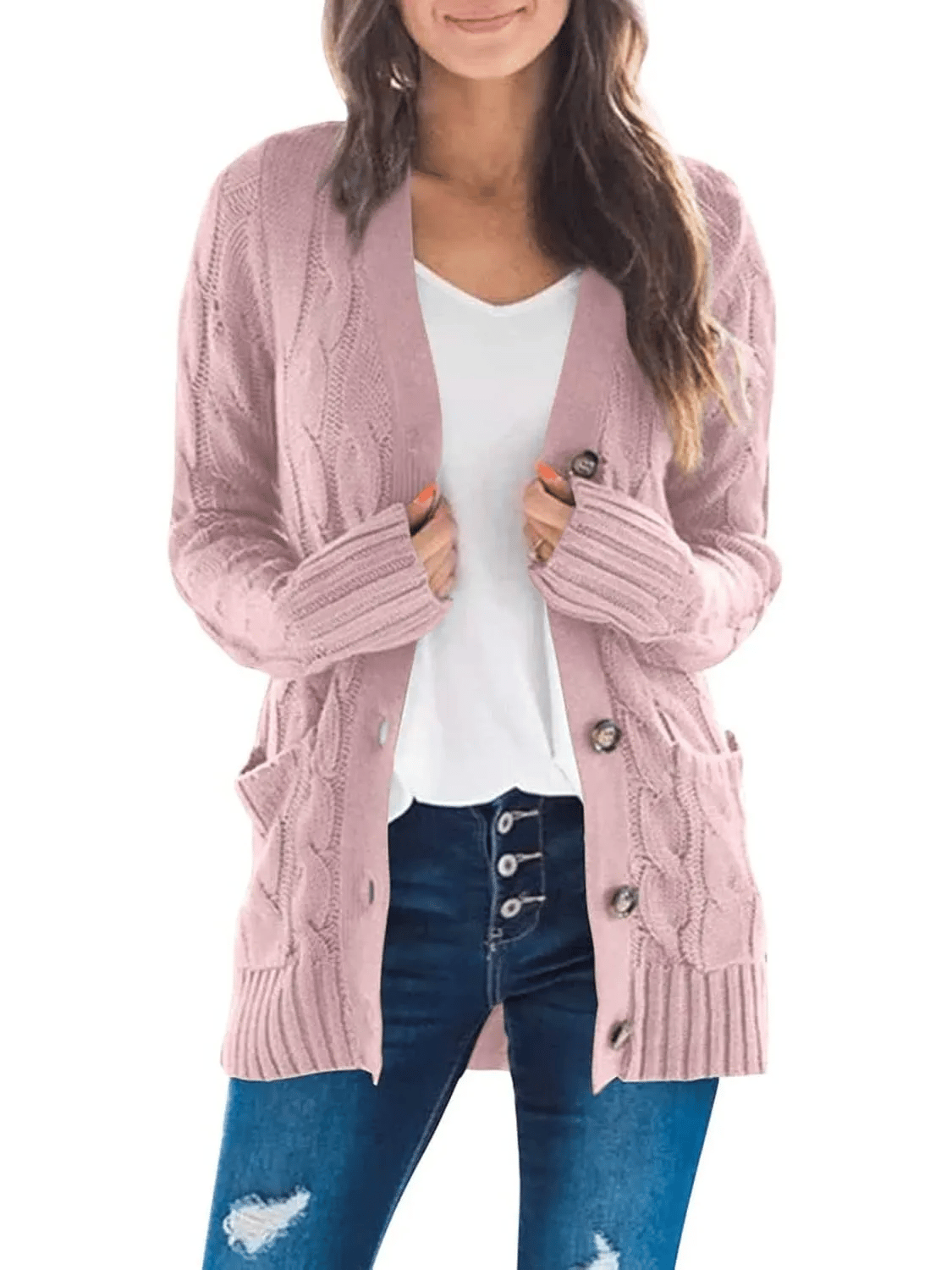 Women's Long Cable Knit Cardigan with V-Neck and Button Front